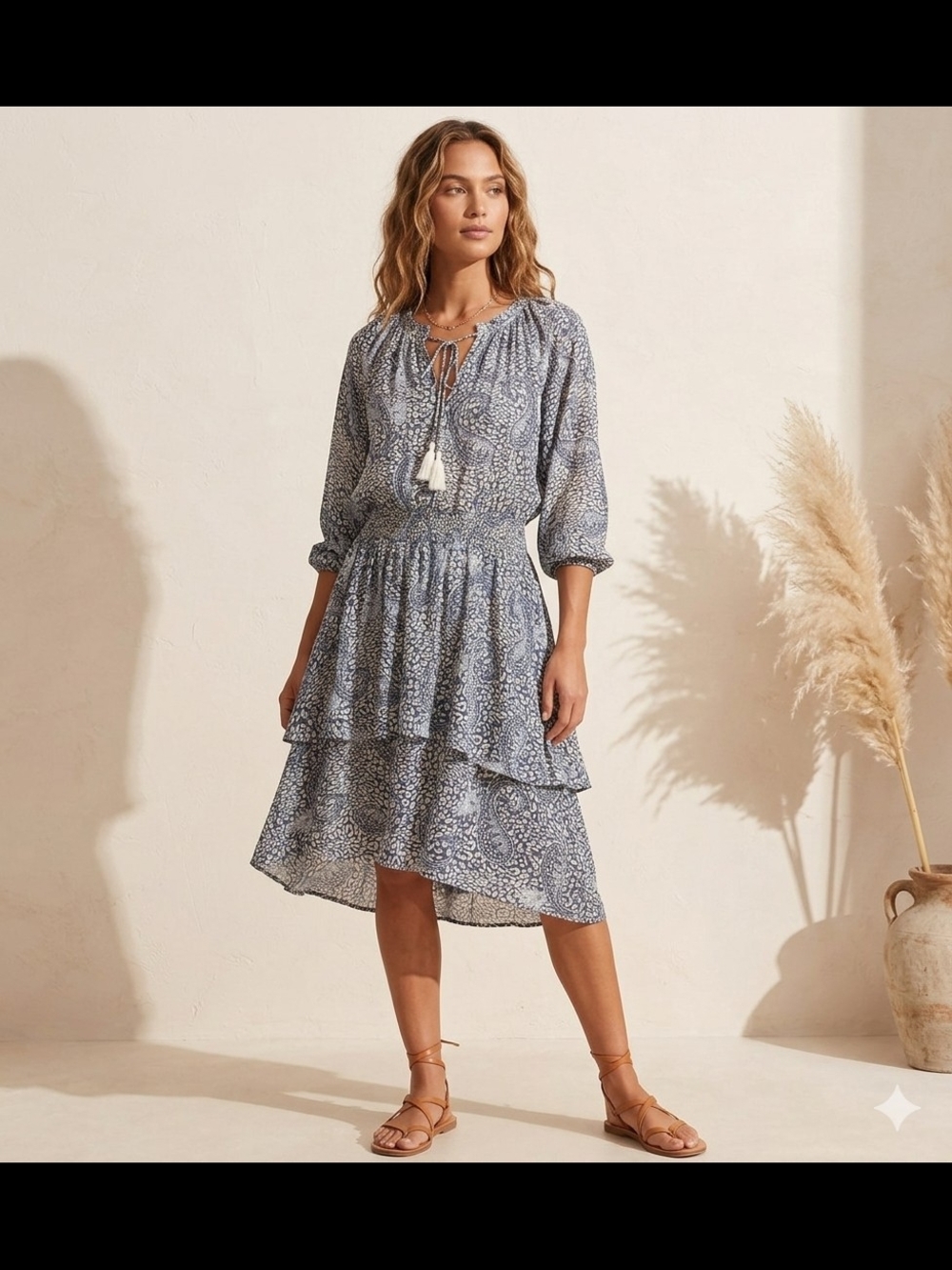 Indigo Rose Blue Mixed Paisley Smocked Waist Tiered High-Low Peasant Dress